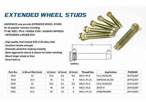 Шпильки удлиненные M12 x P 1.25 x 20, HardRace для SUBARU BRZ ZD8 2021-, HR7621 Шпильки удлиненные M12 x P 1.25 x 20, HardRace для SUBARU BRZ ZD8 2021-, HR7621