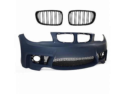 Бампер передний JOM, BMW E81/E82/E87/E88 2004-2013, с двойной решеткой радиатора, без вырезов под парктроники, отверстиями под SRA, с крышкой, спортивный пакет, 5111293-4JOM