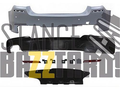 Бампер задний JOM BMW 5 Серия F10 Sedan (2010-2013) в спорт стиле (Sport look) (модели с глушителем с левой стороны) с отверстиями парктроников (PDC), 5111306JOM