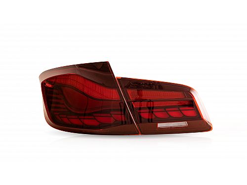 Фонари (фары) задние Jom BMW F10 Sedan, 2010-2017, со светодиодными (LED) полосами (Lightbar), прозрачные, красного цвета, (с динамическим светодиодным поворотником), 83197