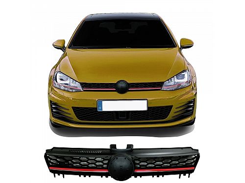Передняя решетка JOM  VW Golf 7 черная ячеистая сетка без опознавательных знаков с красной полосой (2012-), 5G0853653GME