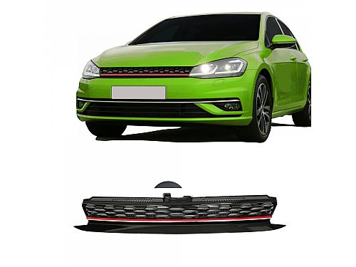 Передняя решетка JOM VW Golf 7 рестайлинг черная ячеистая сетка без опознавательных знаков с красной/хромированной полосой (2017-), 5G2853653MRE