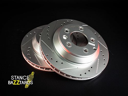 Задние тормозные диски Powerstop с перфорацией и насечками для Porsche Cayenne 2 поколение (958) (2008-2018) (комплект 2 шт.), EBR1013XPR