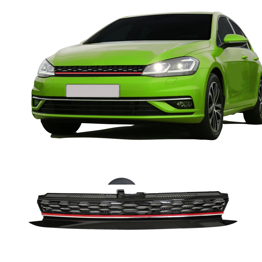 Передняя решетка JOM VW Golf 7 рестайлинг черная ячеистая сетка без опознавательных знаков с красной/хромированной полосой (2017-), 5G2853653MRE Передняя решетка JOM VW Golf 7 рестайлинг черная ячеистая сетка без опознавательных знаков с красной/хромированной полосой (2017-), 5G2853653MRE